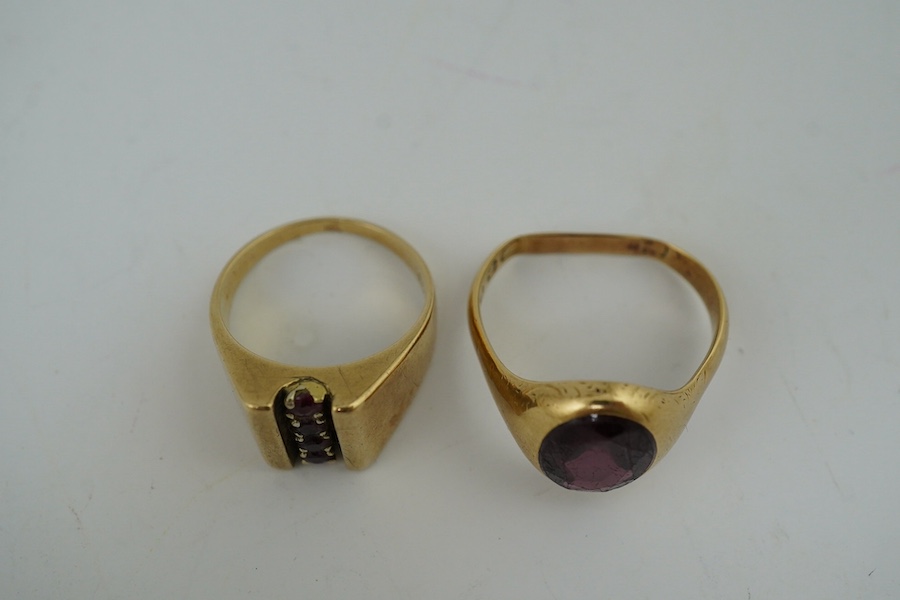 Two gold and gem set rings, one stamped 9ct, gross weight 11.8 grams. Condition - poor to fair